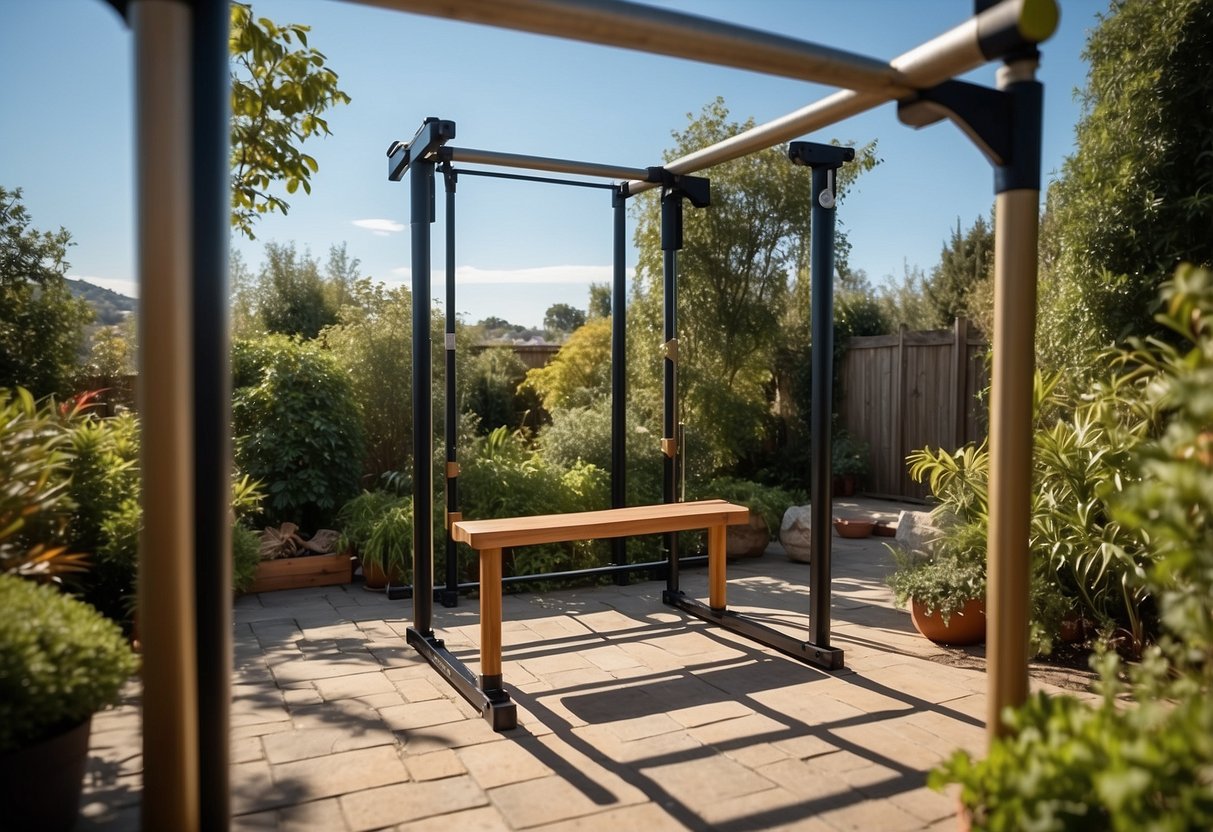 A portable pull-up bar set up in a small garden with surrounding greenery and a clear blue sky