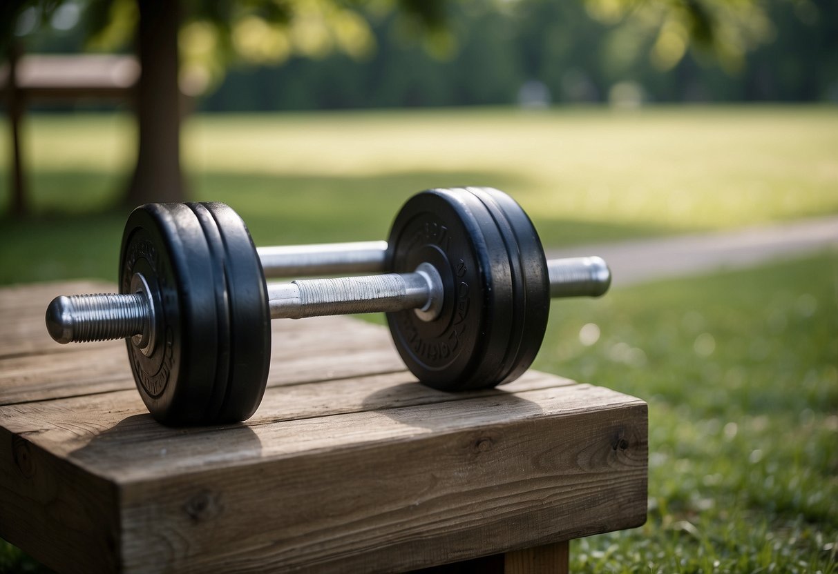 A set of weatherproof dumbbells sits on the grass next to a small outdoor gym area, surrounded by greenery and budget-friendly garden workout equipment