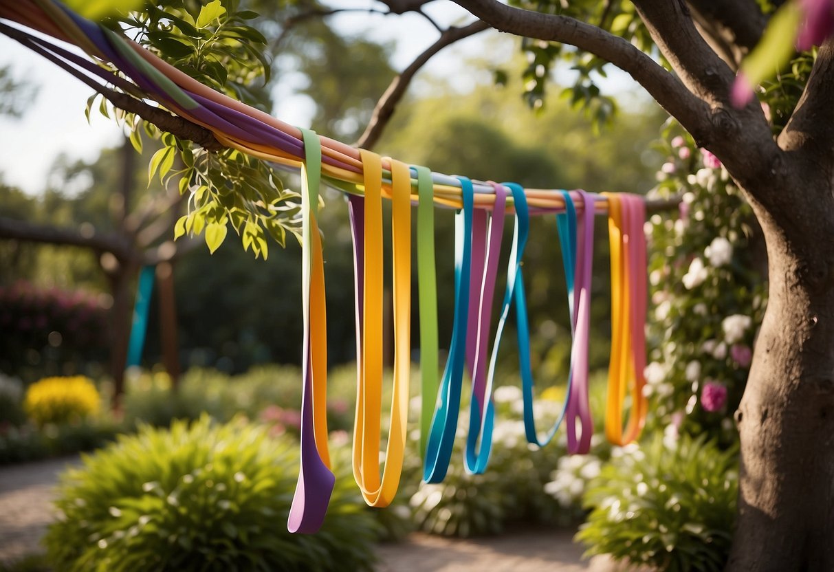 Colorful resistance bands hanging from a tree branch in a lush garden setting. Surrounding plants and flowers add to the peaceful outdoor gym atmosphere