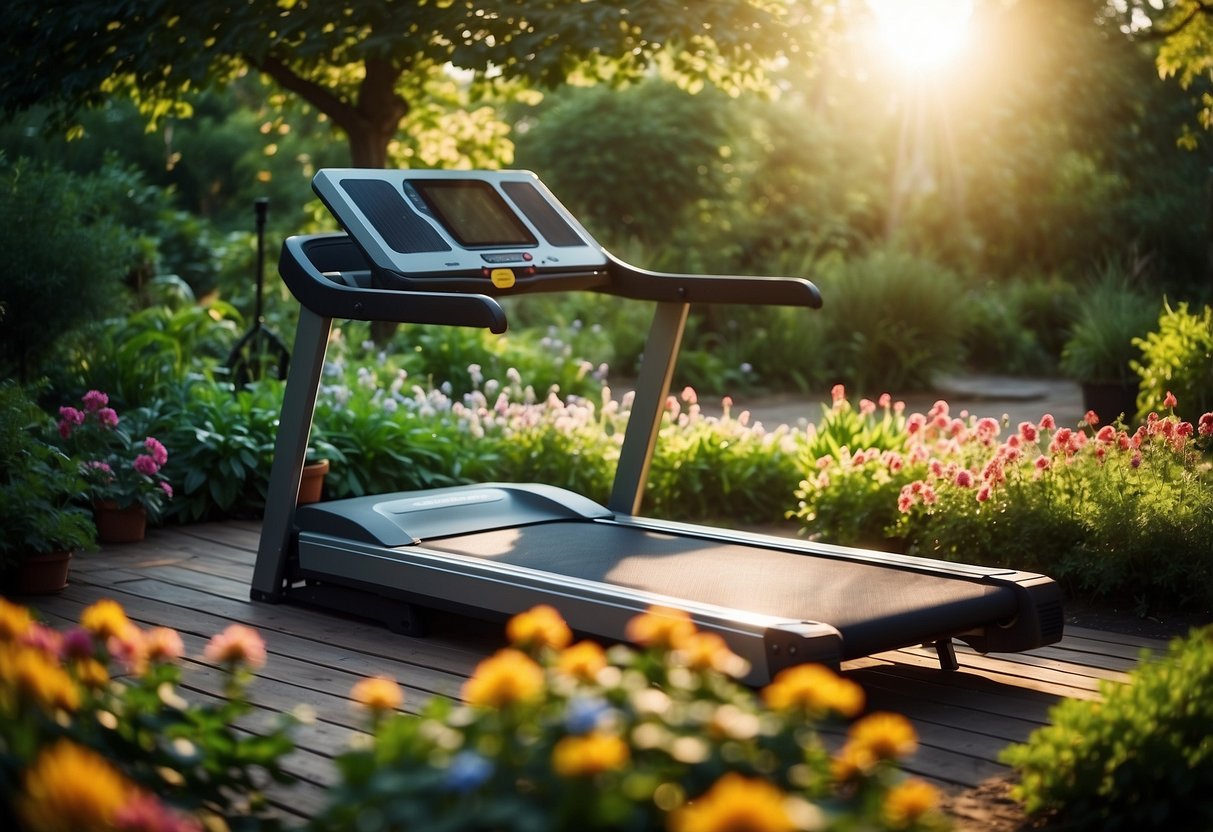 A solar-powered treadmill sits in a lush garden, surrounded by vibrant flowers and greenery. The sun's rays power the machine, creating a sustainable and serene outdoor gym space