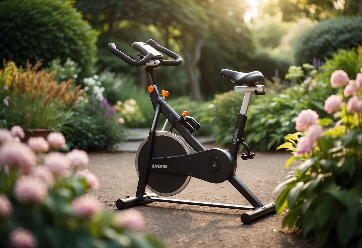 A folding exercise bike sits in a lush garden, surrounded by blooming flowers and greenery. It's a budget-friendly addition to a serene outdoor gym space