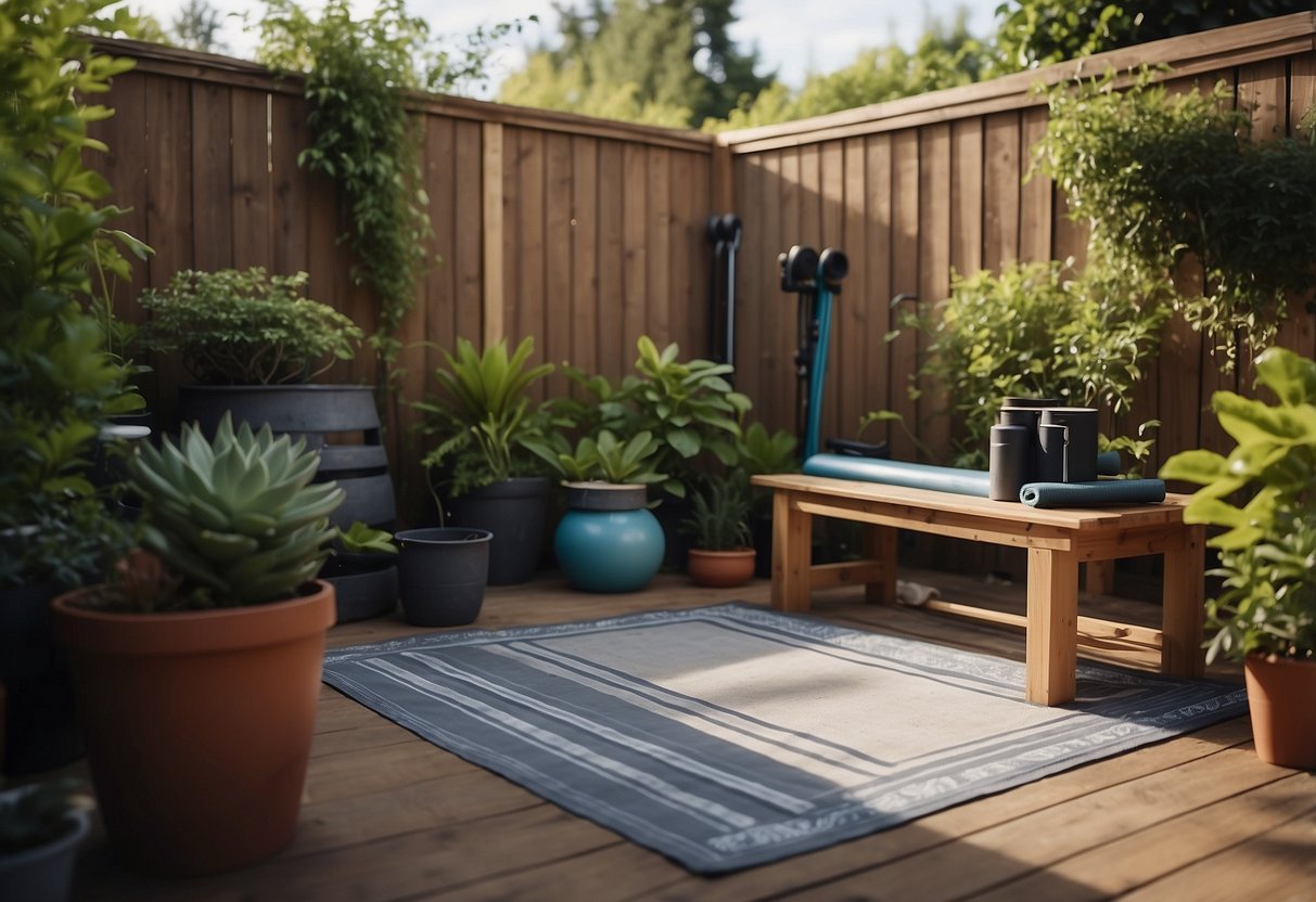 A small outdoor space with a makeshift workout area, featuring basic equipment like resistance bands, a yoga mat, and homemade weights. Surrounding plants and a simple fence complete the budget garden gym scene