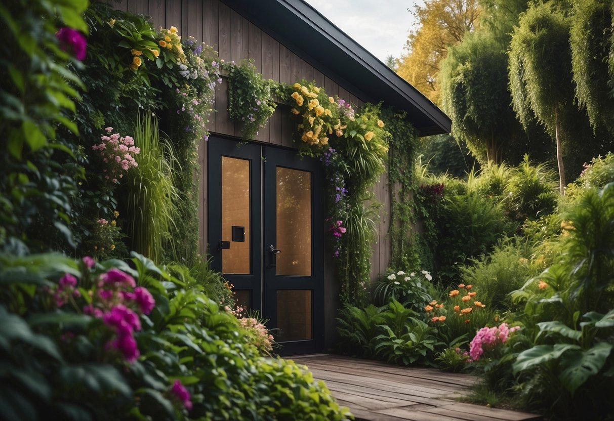 A tall shed hidden behind a lush vertical garden wall, with cascading greenery and pops of colorful flowers