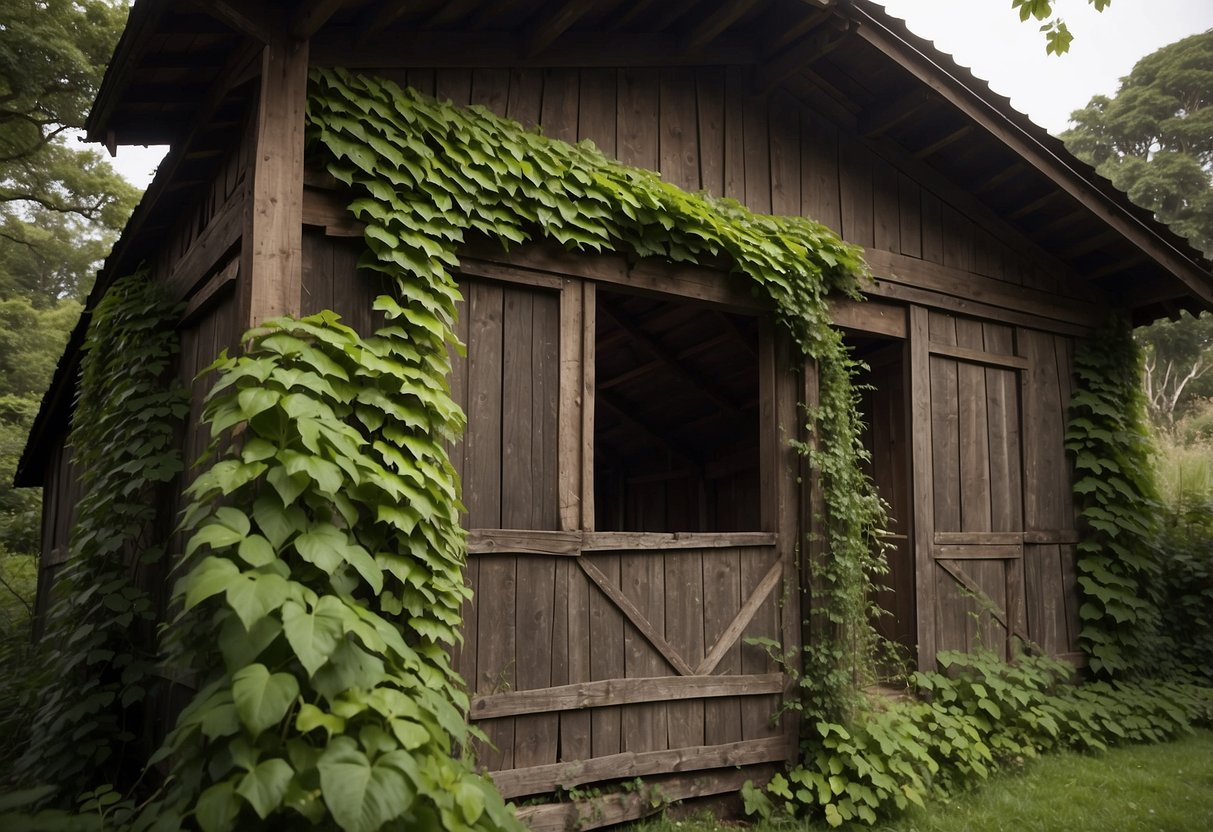 Lush green vines cover a rustic shed, winding their way up the wooden walls and creating a natural, picturesque camouflage