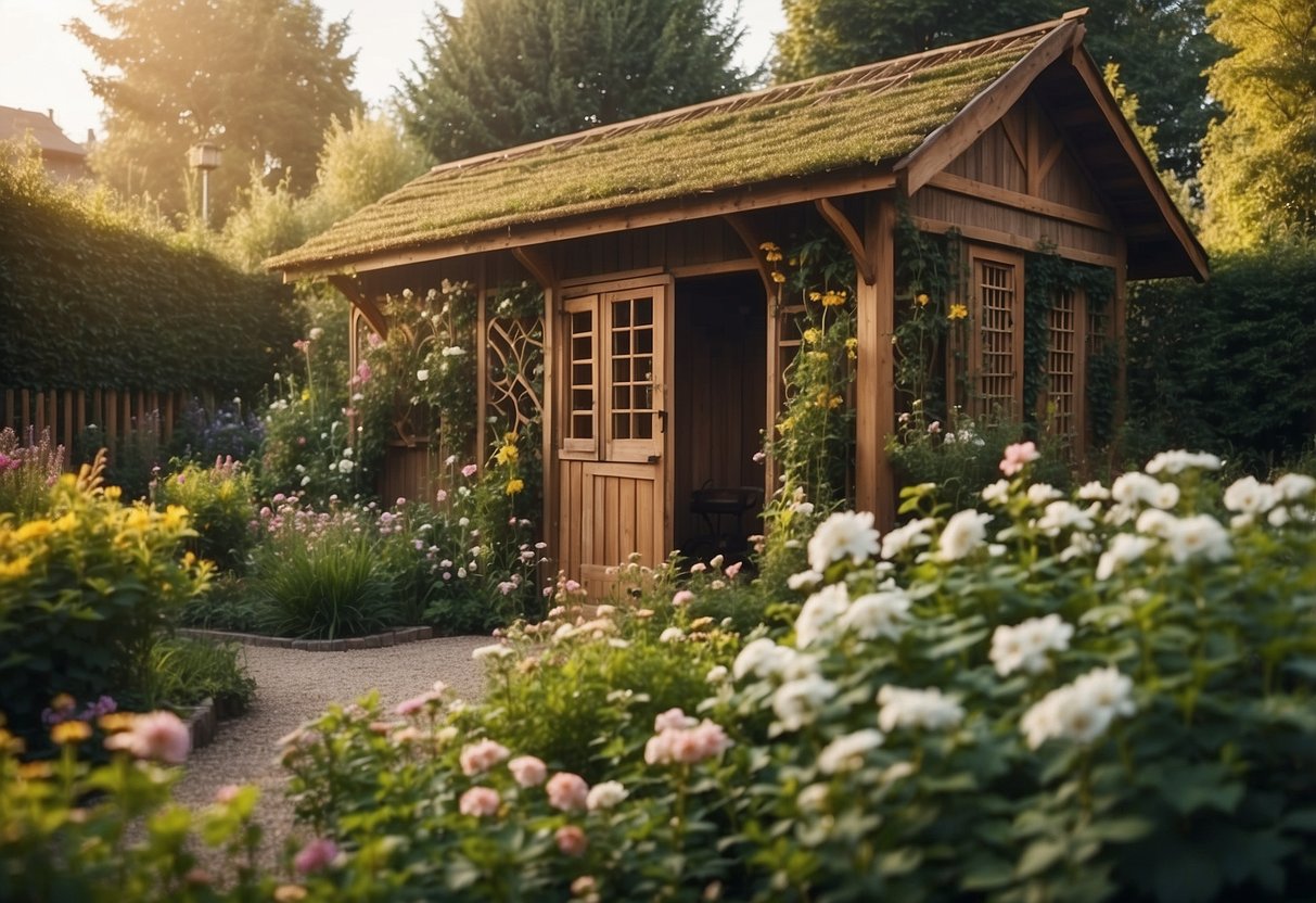 A garden with a wooden shed partly hidden by decorative lattice panels. Flowers and vines climb the panels, creating a charming and secluded space