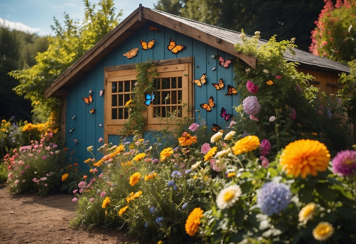 A vibrant garden mural covers the shed's exterior, featuring cascading vines, colorful flowers, and fluttering butterflies