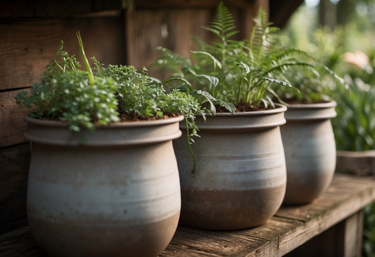 Three stacked pot planters conceal a weathered shed in a lush garden