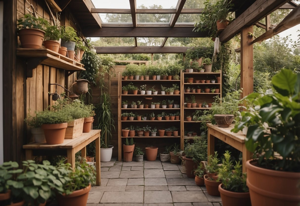 A backyard with wooden shelving units filled with potted plants and climbing vines, strategically placed to hide a storage shed