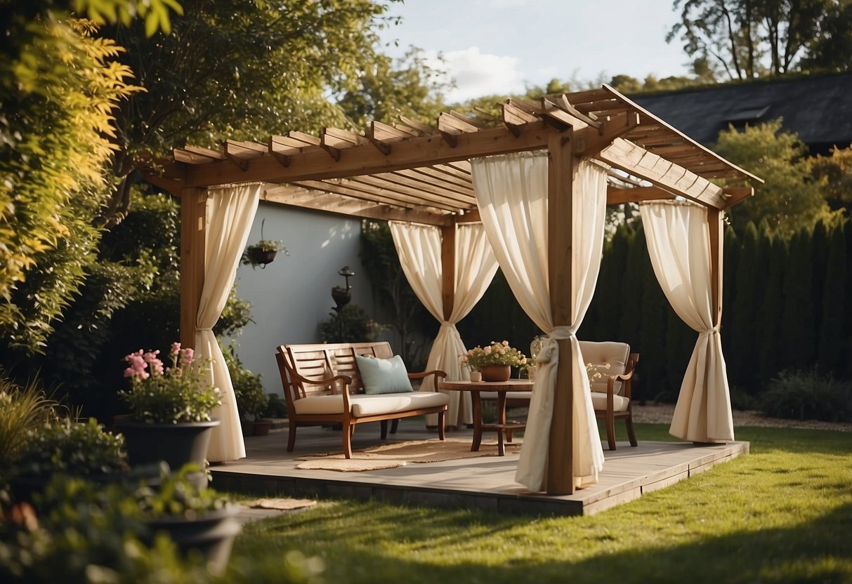 A pergola with billowing curtains conceals a garden shed, creating a serene and elegant outdoor space