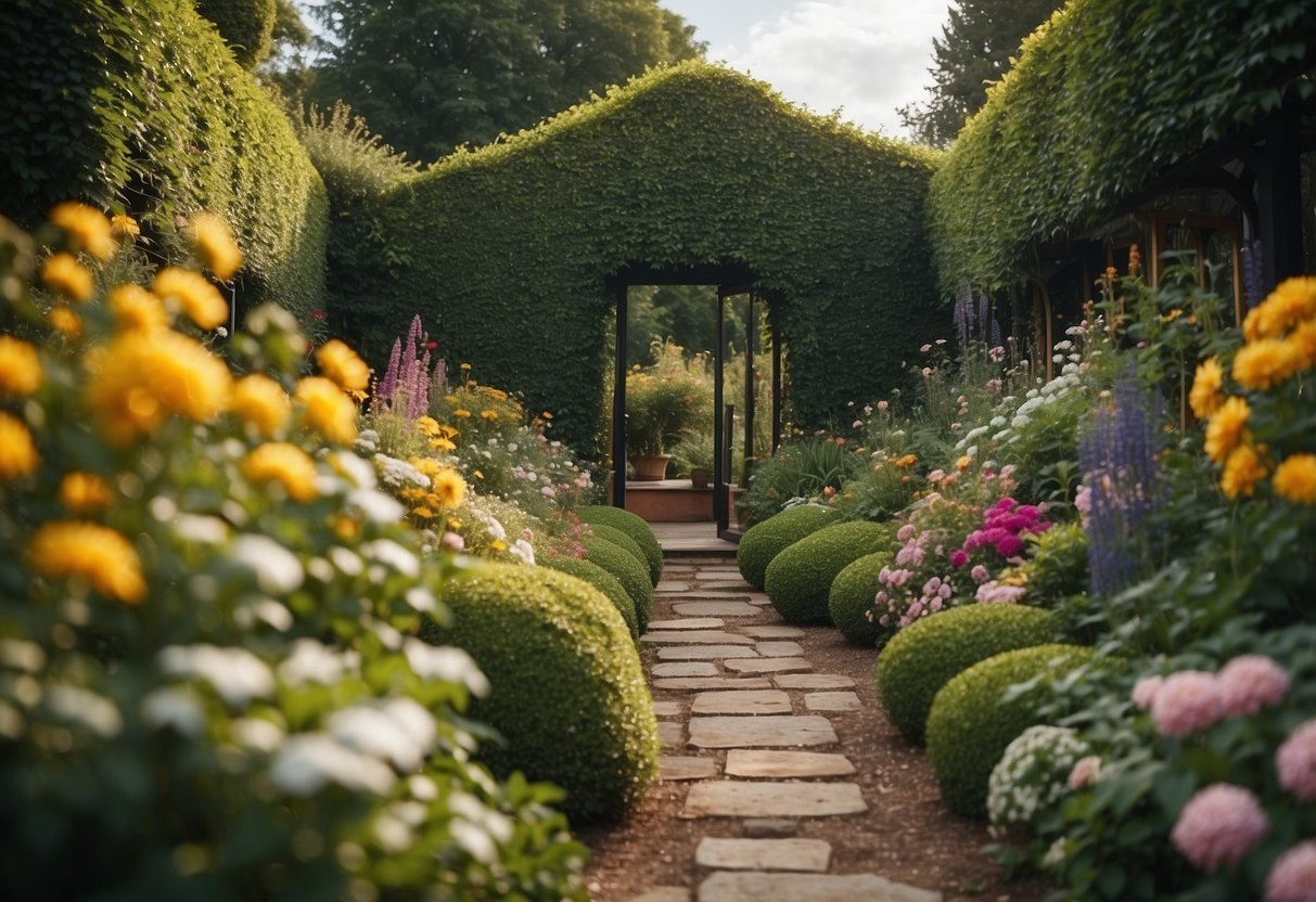 A lush garden with tall hedges and climbing vines concealing a shed, surrounded by colorful flowers and decorative elements