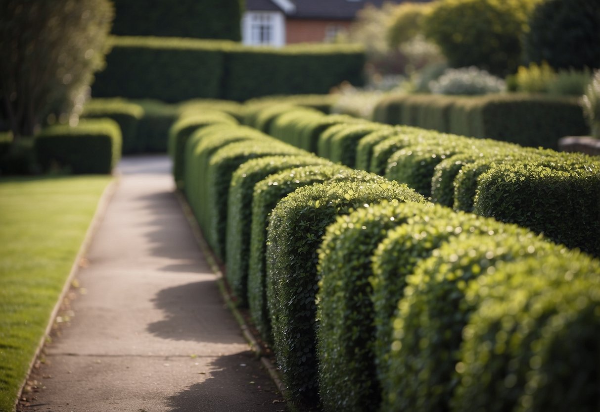 A neatly trimmed privet hedge lines the front garden, adding a touch of elegance to the UK landscape