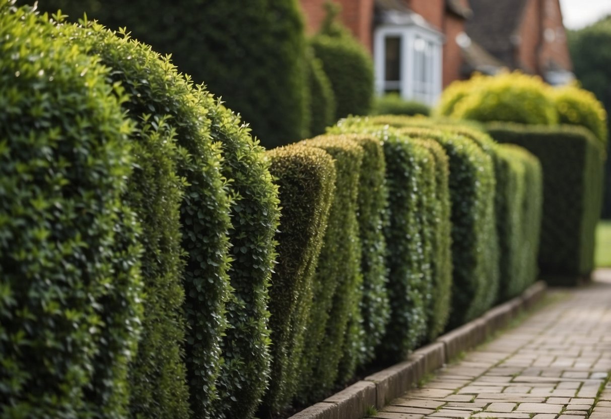 A lush holly hedge borders a quaint English front garden, adding a touch of traditional charm to the landscape