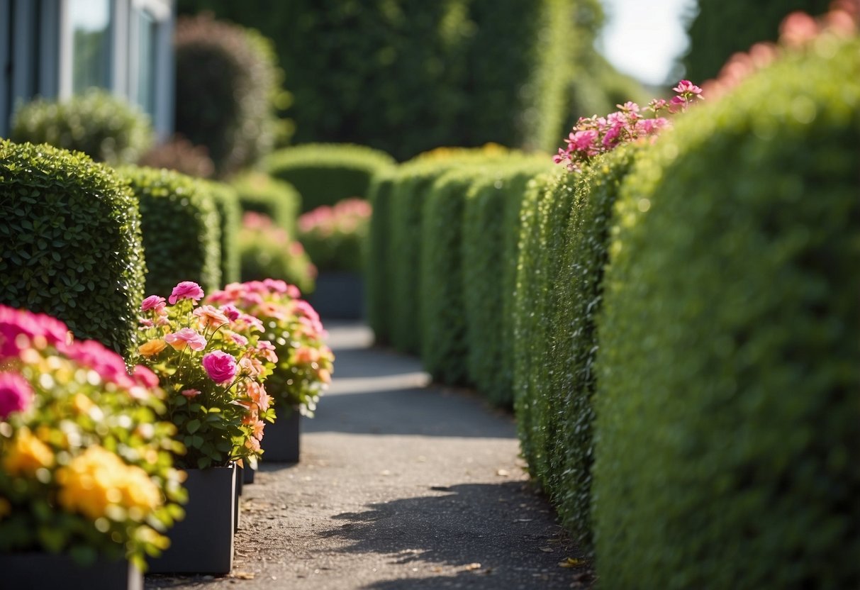 A neatly trimmed front garden hedge lines the path, adding privacy and curb appeal to the home. Vibrant flowers peek out from behind the green foliage, creating a welcoming and charming entrance