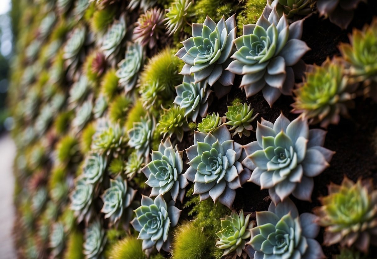 Succulent-filled vertical gardens climb a wall, creating a lush and vibrant scene