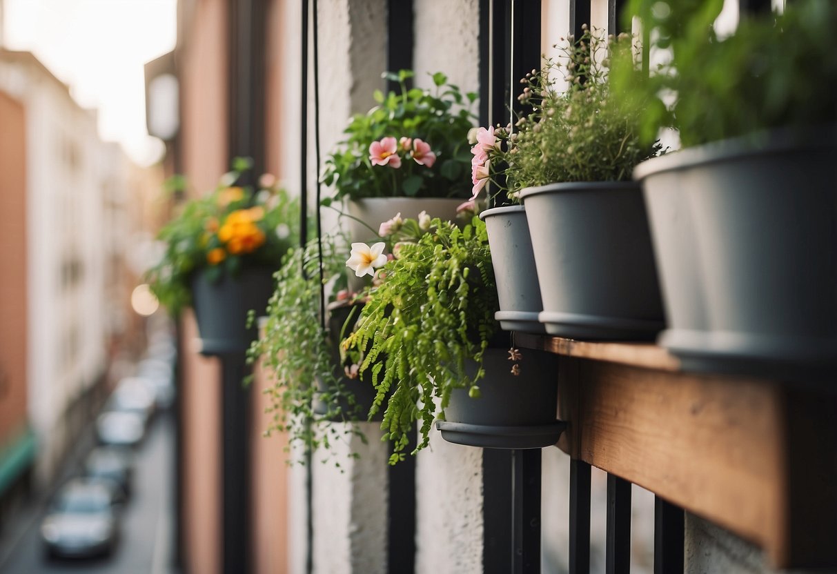 A small balcony with hanging planters, showcasing various plants and flowers, adding a touch of greenery to the urban space