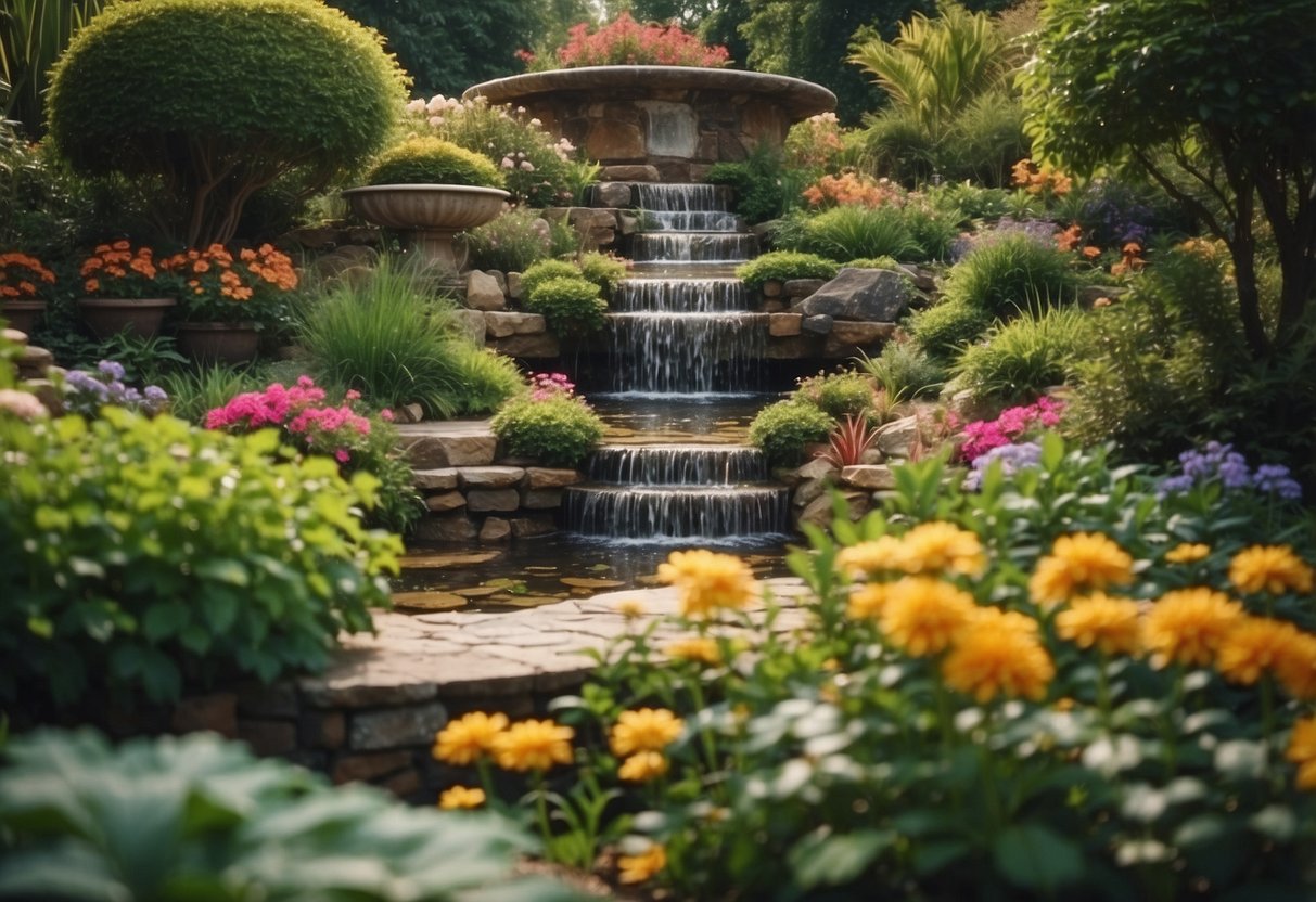 A serene garden with cascading water features at various levels, surrounded by lush greenery and colorful flowers