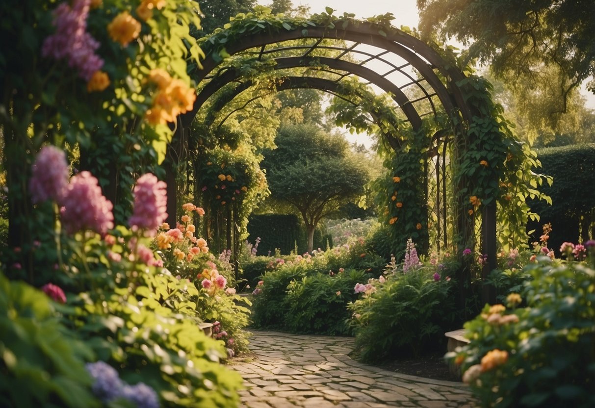 A garden trellis covered in lush vines, with flowers and foliage cascading down the sides. The trellis is situated against a backdrop of a well-tended garden, with a mix of colorful blooms and greenery