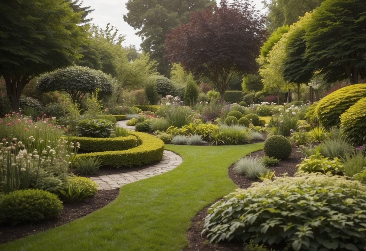 A garden elevation with balanced plant groupings, varied textures, and focal points. Clear pathways and defined borders create a harmonious and inviting design