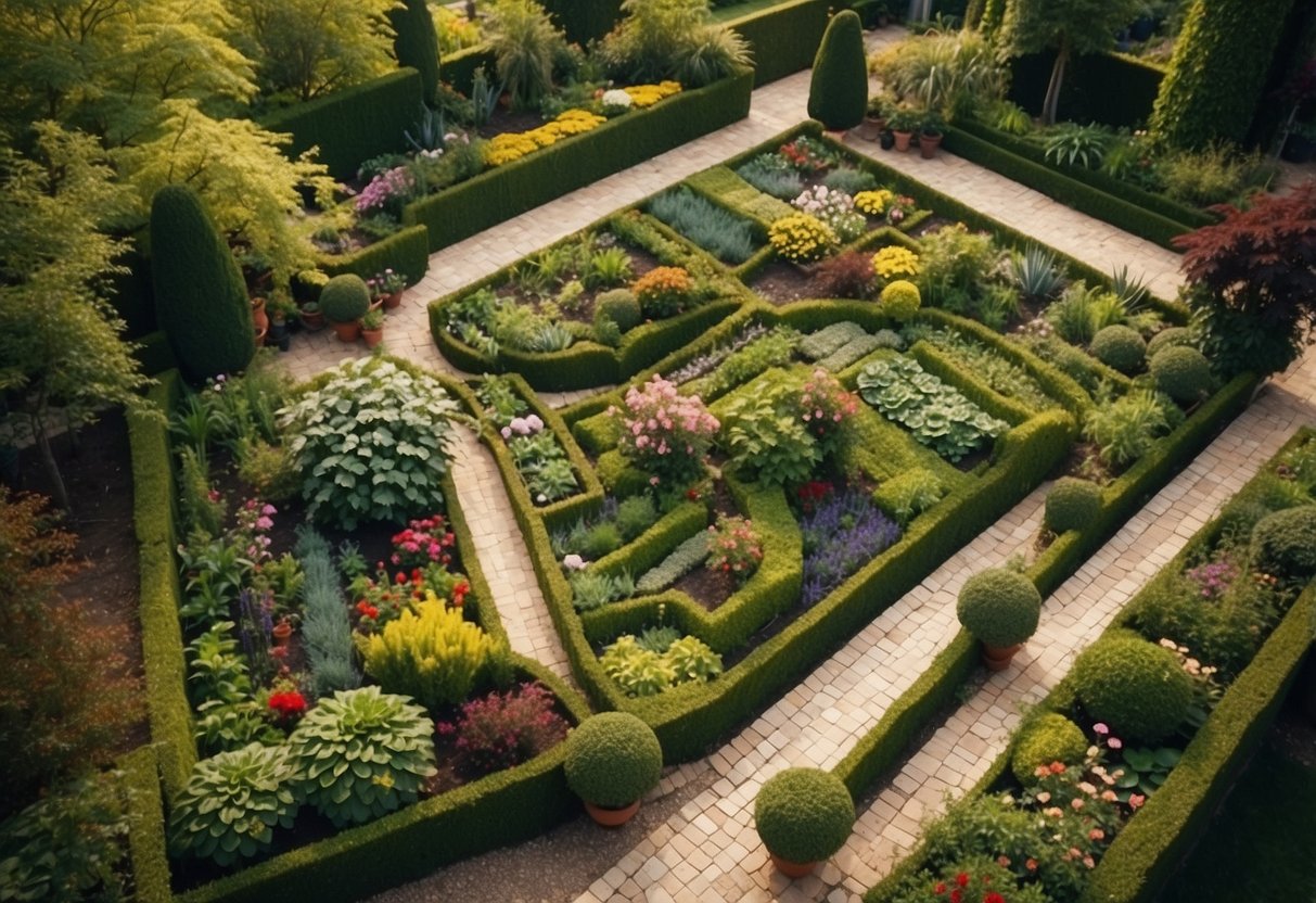 A bird's-eye view of a lush garden with raised planters, winding pathways, and a variety of colorful flowers and vegetables