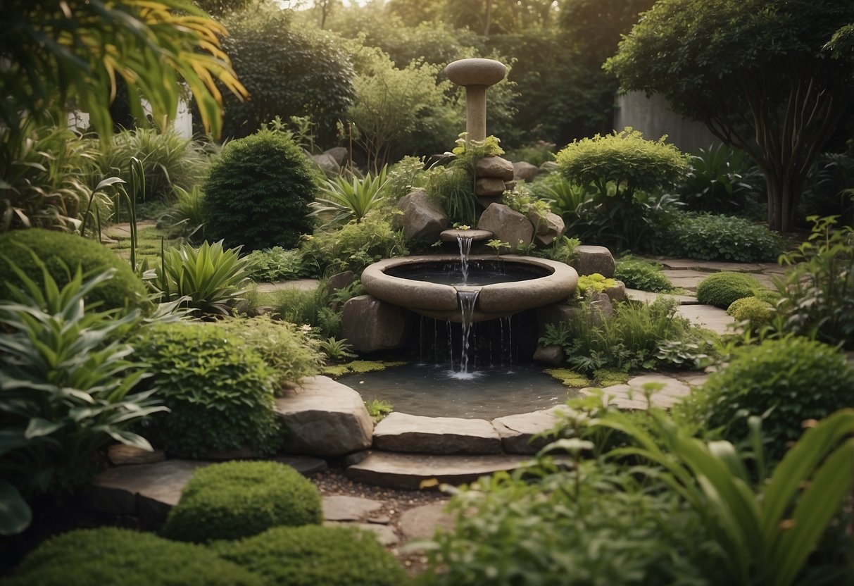 A secluded wild garden with a serene Zen corner, featuring a small bubbling fountain, lush greenery, and scattered stepping stones