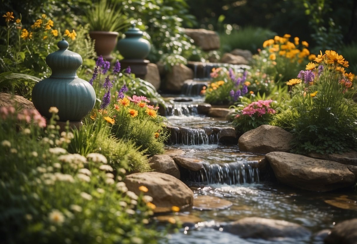 A bubbling brook winds through a lush garden, surrounded by colorful wildflowers and whimsical sculptures. The water feature adds a touch of magic to the natural landscape