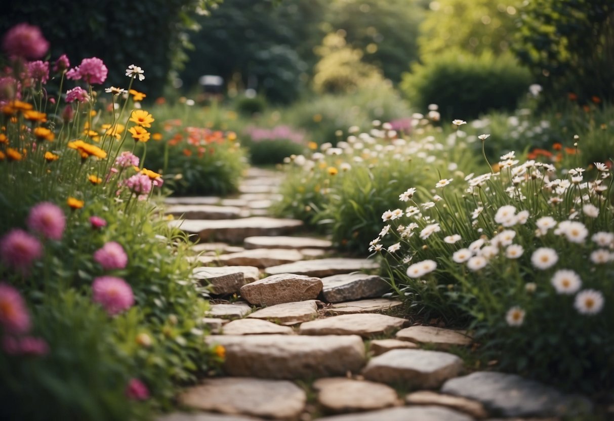 Stone paths wind through a wild garden, bordered by colorful flowers and lush greenery