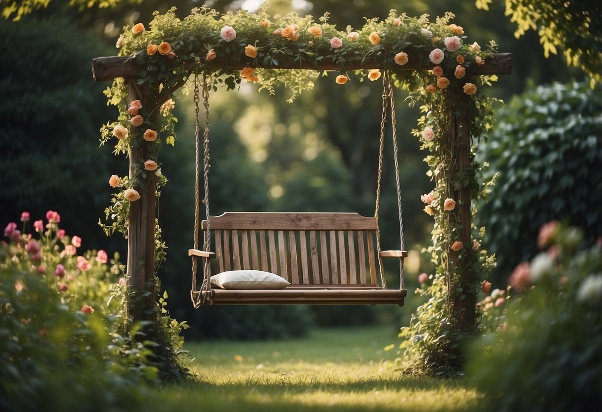 A rustic garden swing hangs from a sturdy tree, surrounded by overgrown flowers and vines, creating a wild and enchanting garden scene