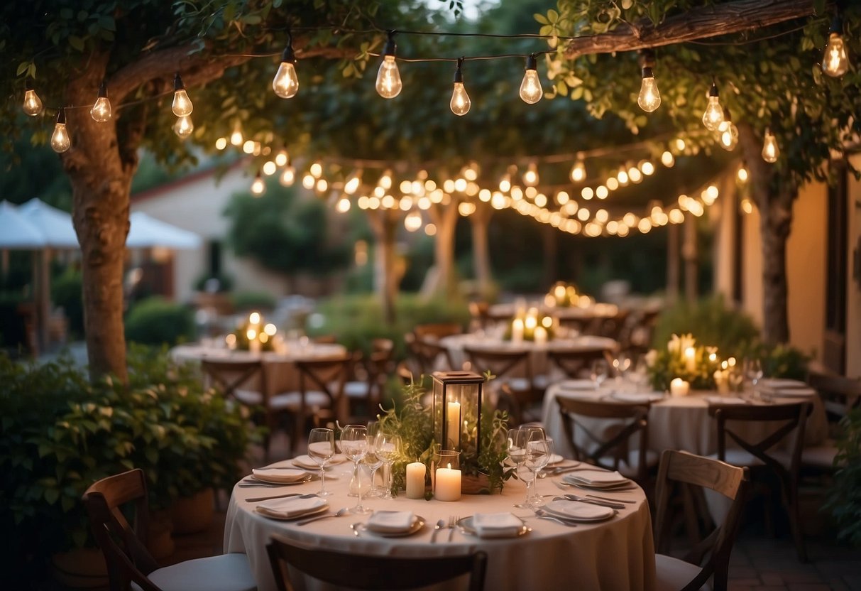 A lush Italian garden adorned with string lights for a warm and inviting ambiance. Tables set with floral centerpieces and rustic decor create a charming setting for a party