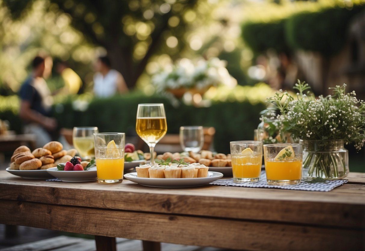 Rustic wooden tables adorned with Italian garden party decor and refreshments