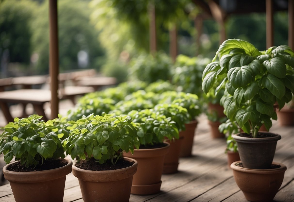 Lush green basil plants arranged as centerpieces on rustic Italian garden tables