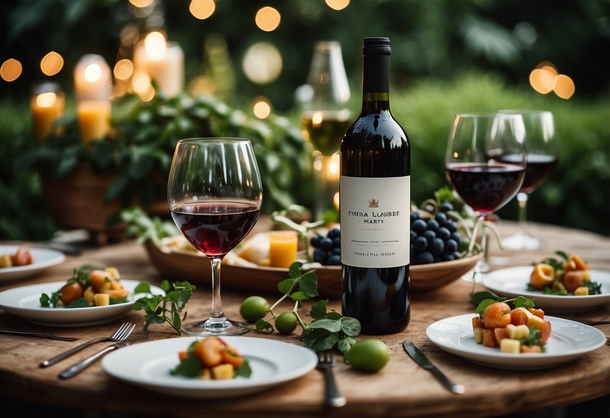 A table adorned with a variety of Italian wines, surrounded by lush greenery and twinkling string lights, creating a picturesque setting for an Italian garden party