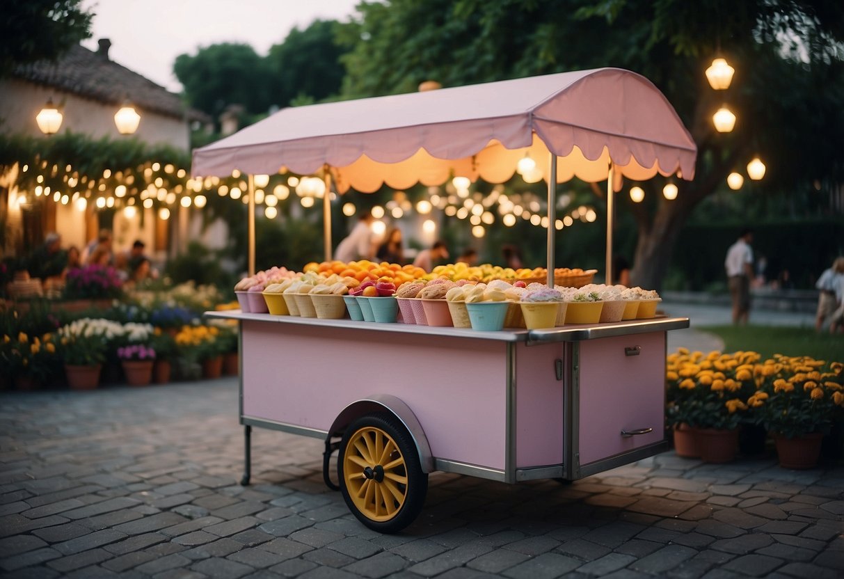 A colorful gelato cart sits in the center of a lush Italian garden, surrounded by vibrant flowers and twinkling string lights. Customers gather around, enjoying sweet treats on a warm summer evening