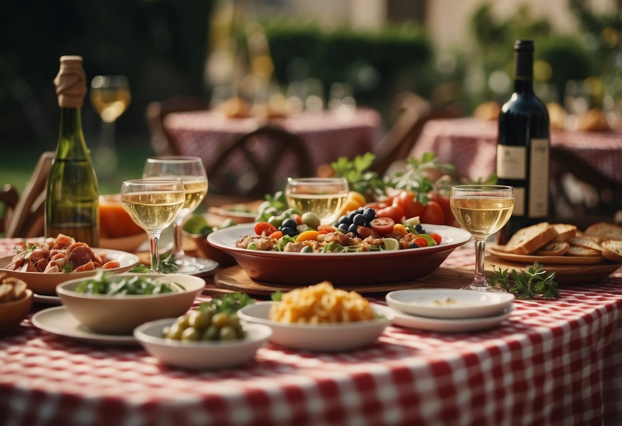 An Italian garden with mandolin music playing, surrounded by tables adorned with red checkered tablecloths and overflowing with platters of antipasti and carafes of wine