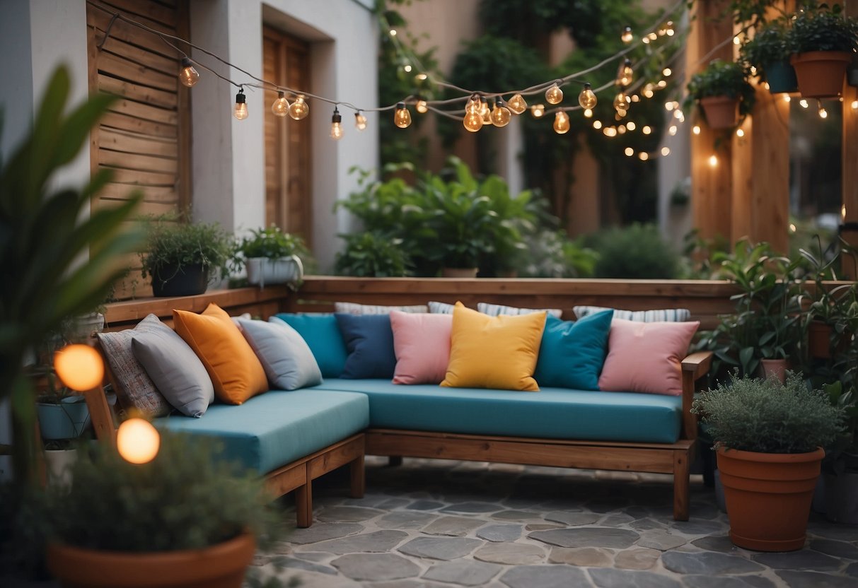 Colorful outdoor cushions arranged on Italian garden patio, surrounded by potted plants and hanging string lights