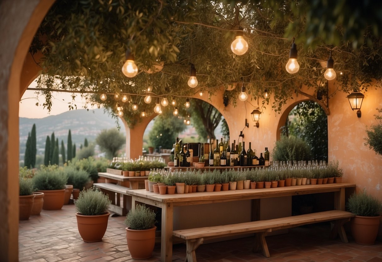 An Italian garden with a rustic olive oil tasting bar, surrounded by terracotta pots of herbs and citrus trees, with a backdrop of vine-covered pergolas and bistro lights