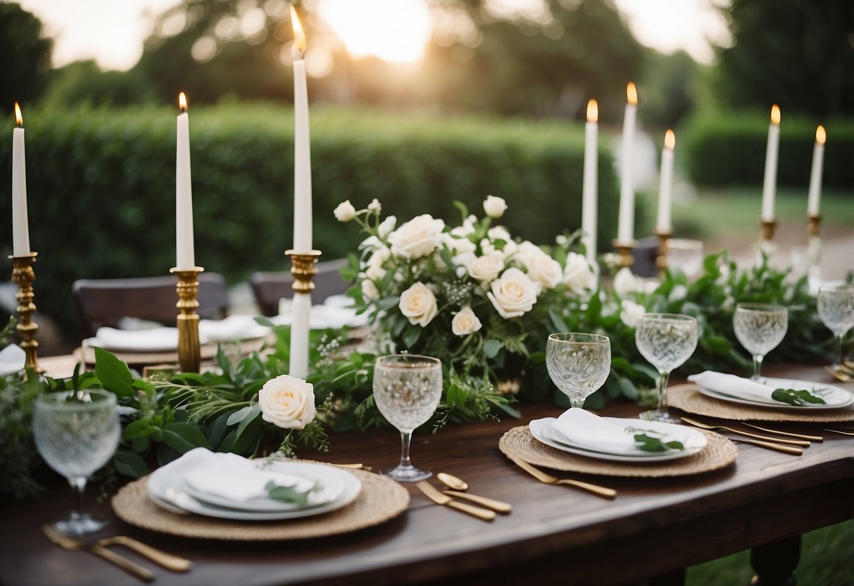 Lush greenery surrounds elegant tables adorned with floral centerpieces, candles, and delicate Italian-inspired decorations for a garden party. Invitations lie on each place setting, inviting guests to an enchanting evening