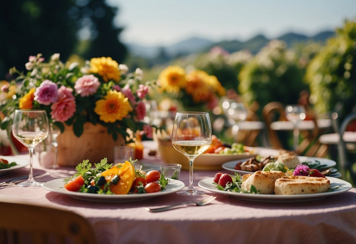 An Italian garden party scene with tables of colorful cuisine and beverages, surrounded by vibrant flowers and greenery