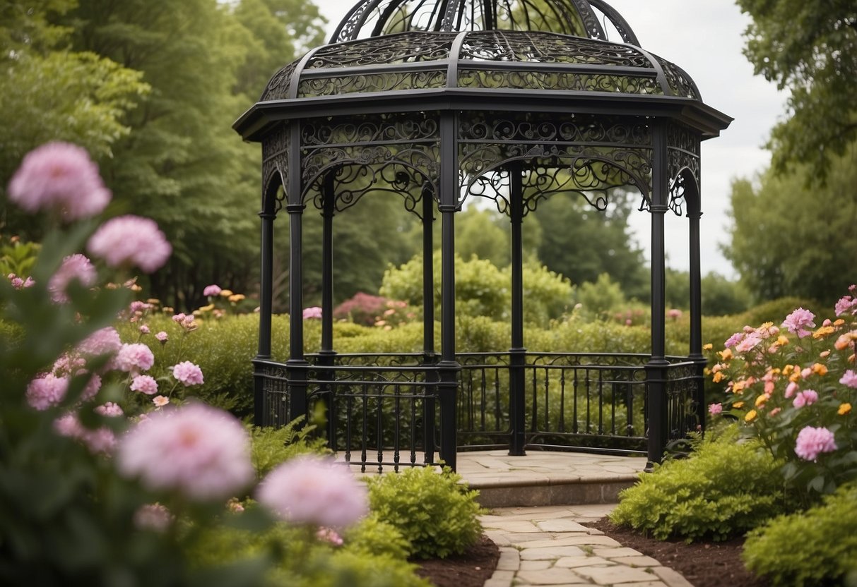 A Victorian-style gazebo stands in a lush garden, adorned with intricate wrought iron details and surrounded by blooming flowers