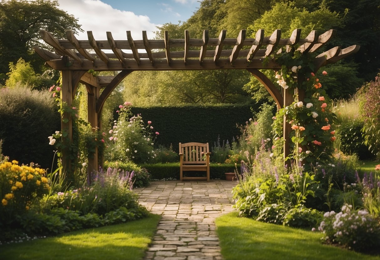 A rustic wooden pergola stands in a lush garden, with climbing vines and flowers adorning its structure. The gazebo provides a cozy and picturesque retreat in the UK countryside