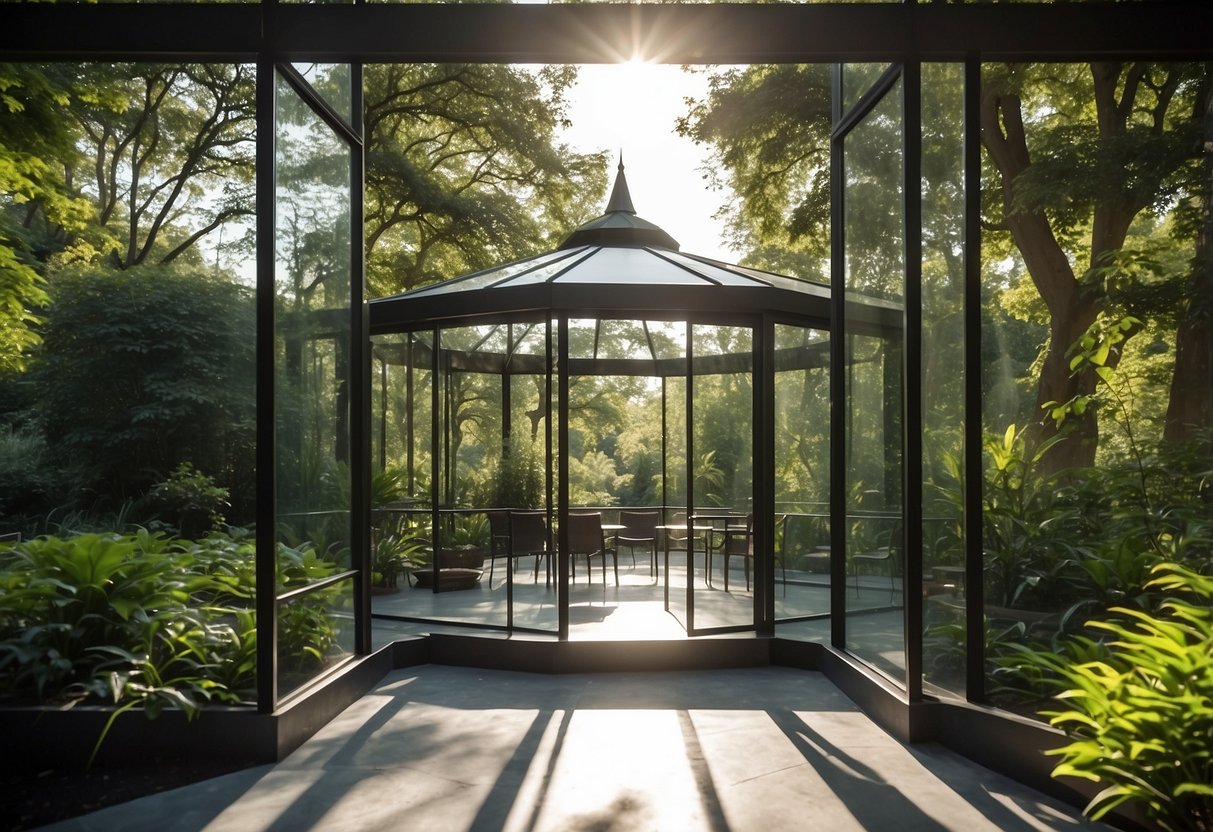 A sleek glass garden gazebo stands amidst lush greenery, with modern design and clean lines. The sunlight filters through the transparent walls, creating a serene and inviting atmosphere