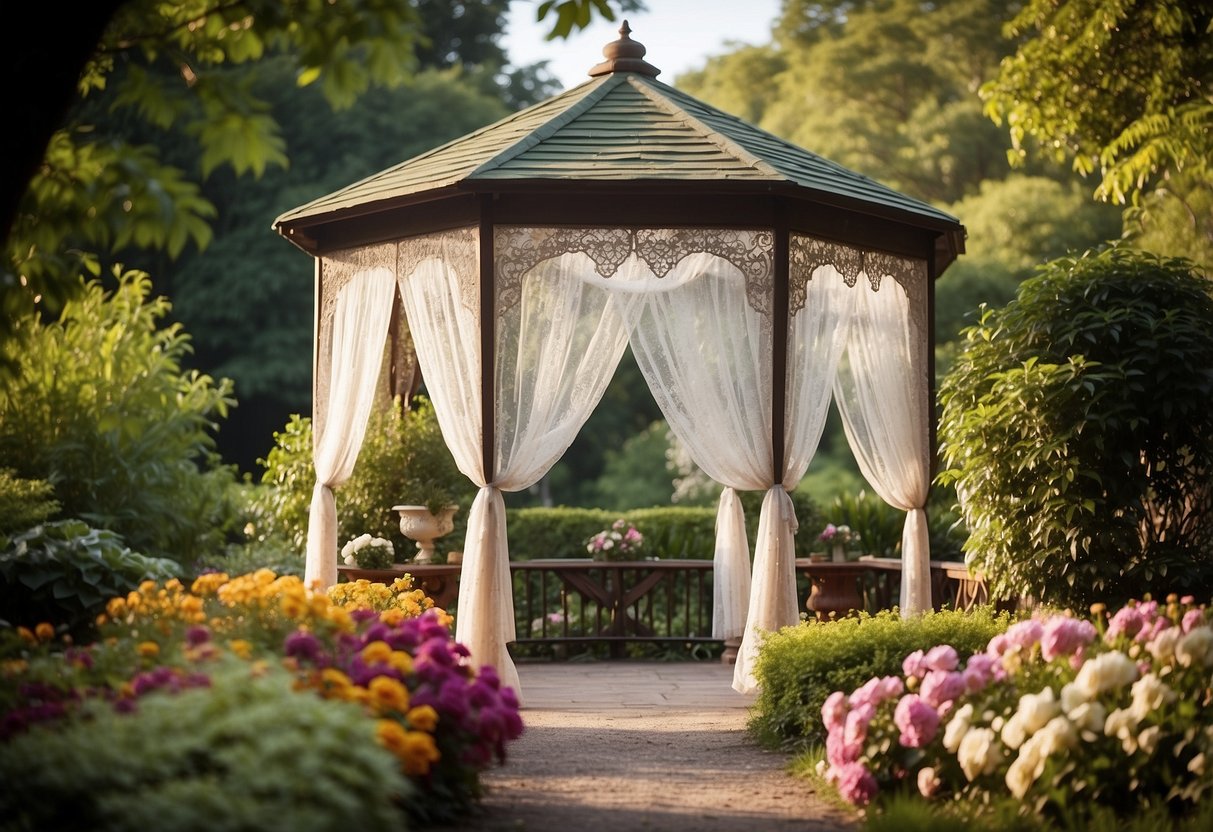 A vintage lace curtain drapes over a charming garden gazebo, creating a romantic and whimsical atmosphere. The gazebo is surrounded by lush greenery and colorful flowers, offering a peaceful and enchanting retreat