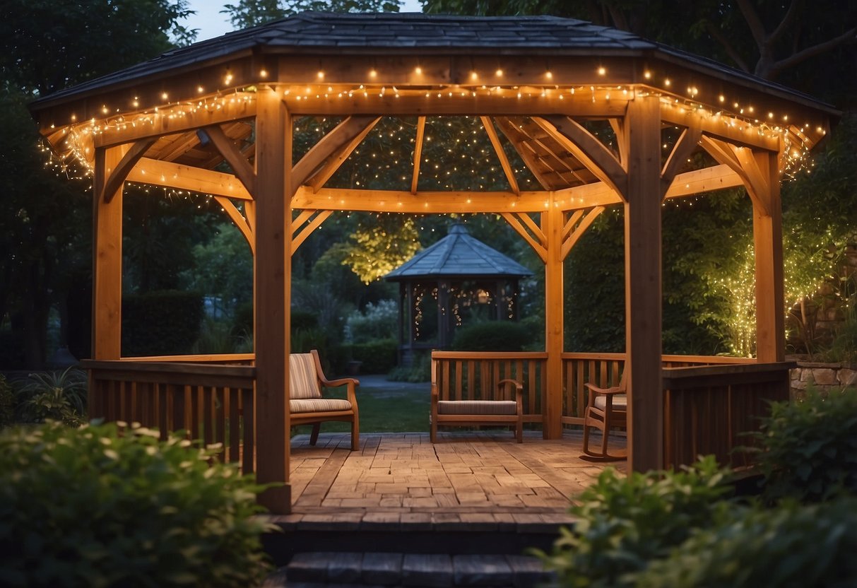 A cedar shingle gazebo adorned with twinkling fairy lights, nestled in a lush garden setting