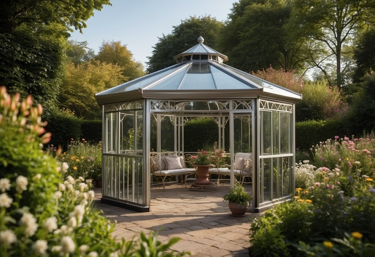 An aluminium frame gazebo with a retractable canopy stands in a lush garden, surrounded by blooming flowers and greenery