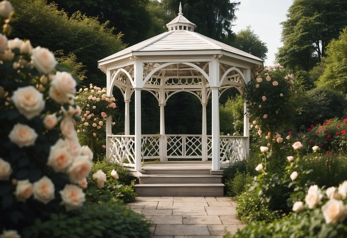 A white garden gazebo adorned with climbing roses, surrounded by lush greenery and blooming flowers