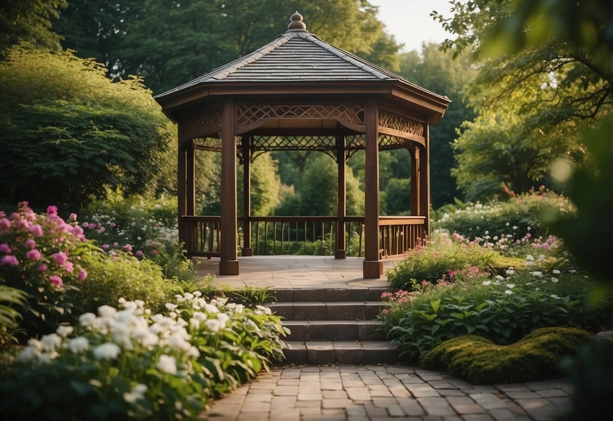 A gazebo with a built-in water feature sits in the center of a lush garden, surrounded by blooming flowers and greenery