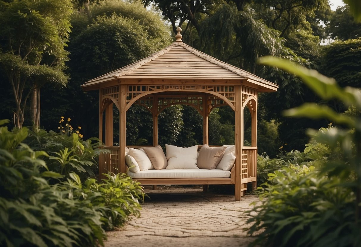 A gazebo stands in a lush garden, with a hammock and swing chair inviting relaxation. The surrounding greenery adds a tranquil atmosphere