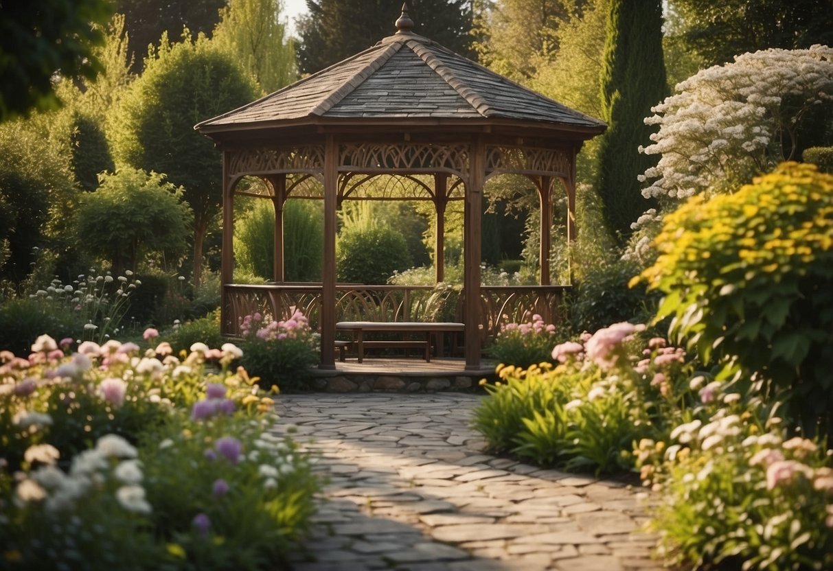 A lush garden with a charming gazebo, surrounded by blooming flowers and winding pathways. A cozy seating area and decorative accents complete the idyllic scene