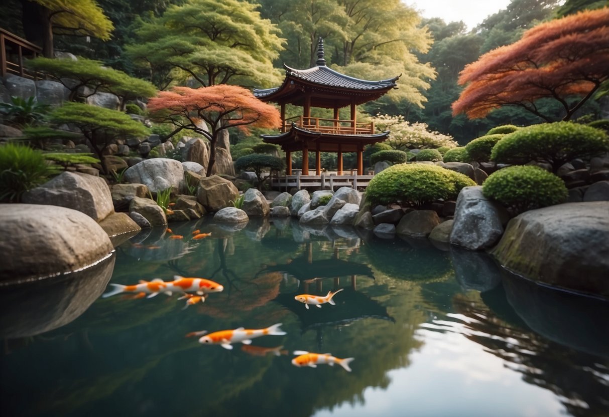 A tranquil Japanese garden with Kasuga lanterns surrounded by vibrant koi fish swimming gracefully in a serene pond