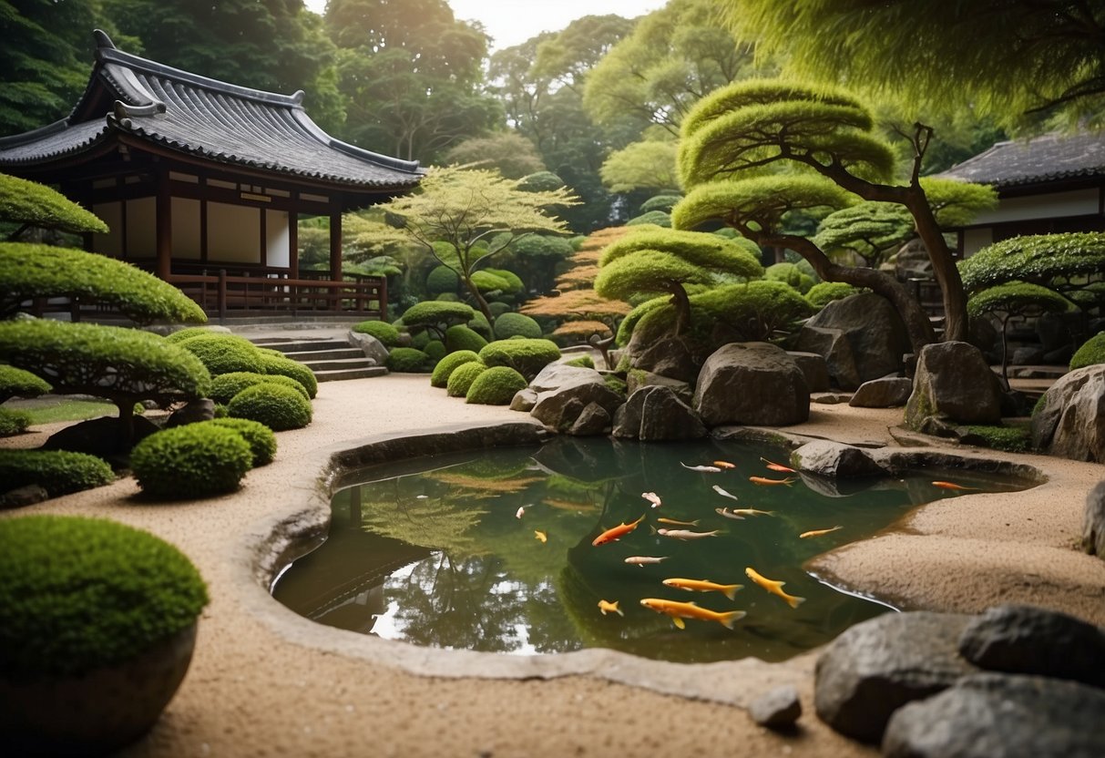 A serene Zen sand garden with a tranquil koi pond, surrounded by lush greenery and traditional Japanese architecture