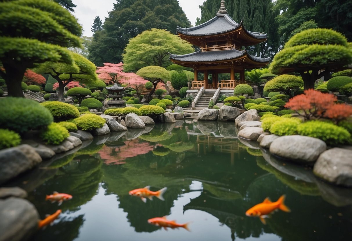 Pagoda statues surround a serene Japanese koi garden, with lush greenery and colorful fish swimming in the tranquil pond